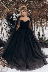 Black Ball Gown Wedding Dress Sweetheart 3D Floral Lace Corset Tulle with Detachable Tulle Cape Gothic Bridal Gown