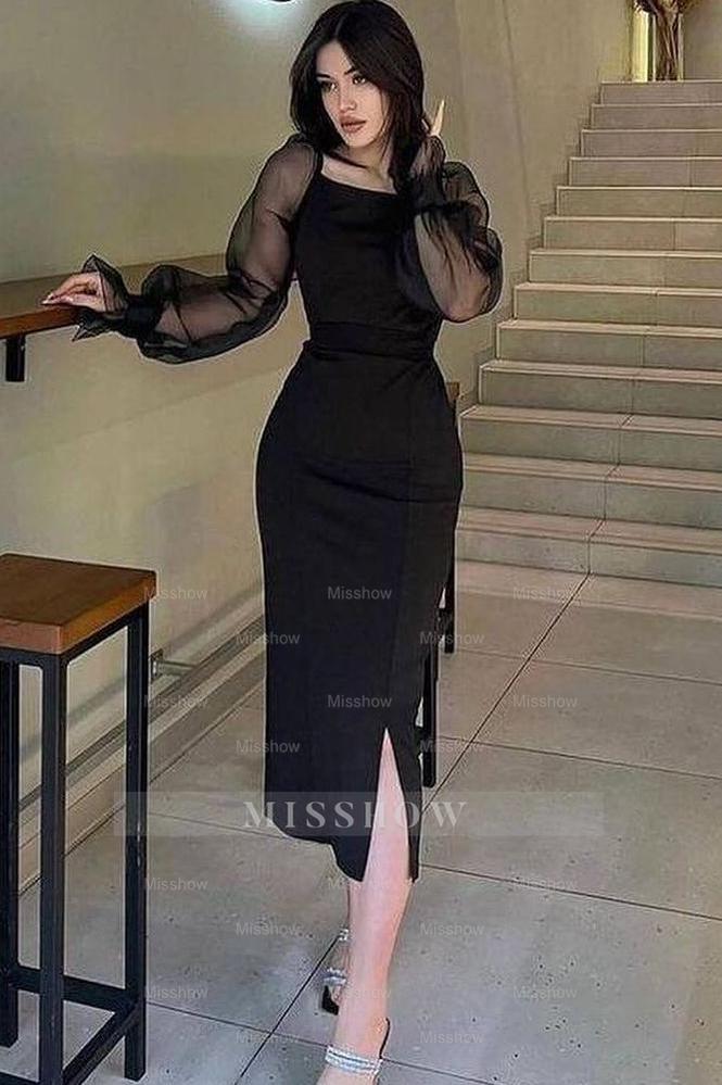 Black Beaded Rhinestone Square Neck Sheer Long Sleeves Bodycon Midi Formal Dress