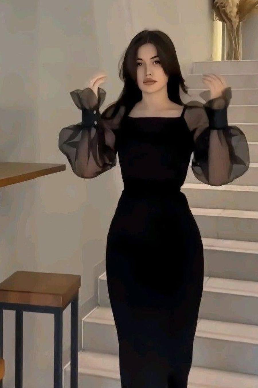 Black Beaded Rhinestone Square Neck Sheer Long Sleeves Bodycon Midi Formal Dress