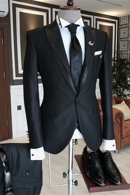 Black Bespoke Peaked Lapel Three-Piece Business Suit