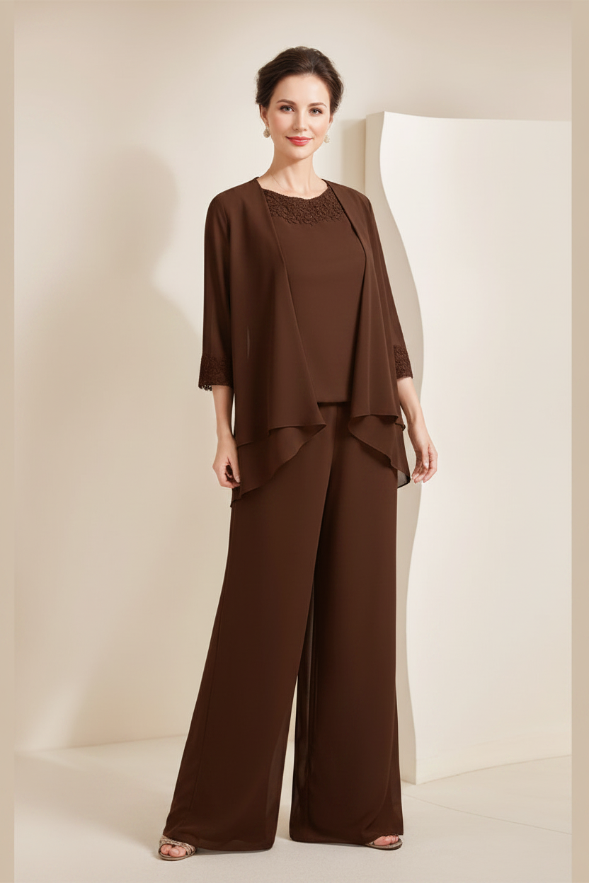 Black Chiffon Scoop 3/4 Sleeves Mother of the Bride Pantsuits with Appliques & Jacket