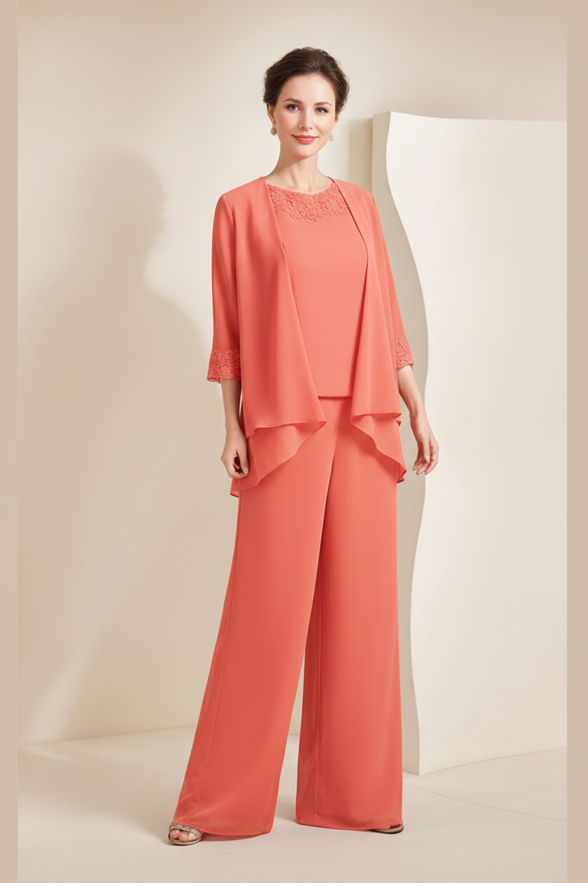 Black Chiffon Scoop 3/4 Sleeves Mother of the Bride Pantsuits with Appliques & Jacket