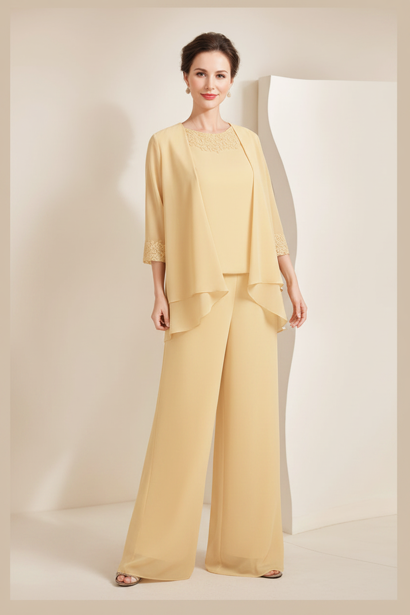 Black Chiffon Scoop 3/4 Sleeves Mother of the Bride Pantsuits with Appliques & Jacket