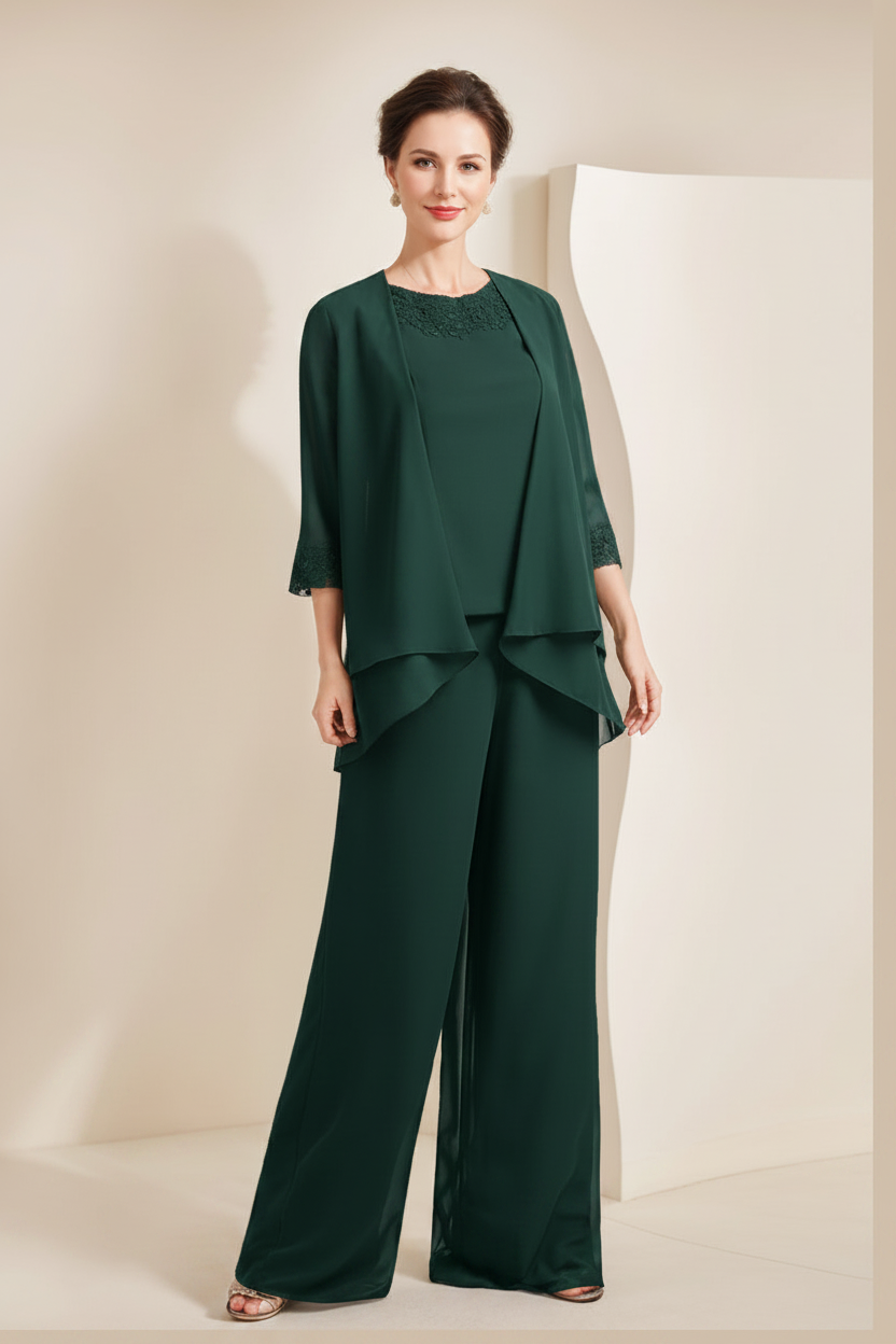 Black Chiffon Scoop 3/4 Sleeves Mother of the Bride Pantsuits with Appliques & Jacket
