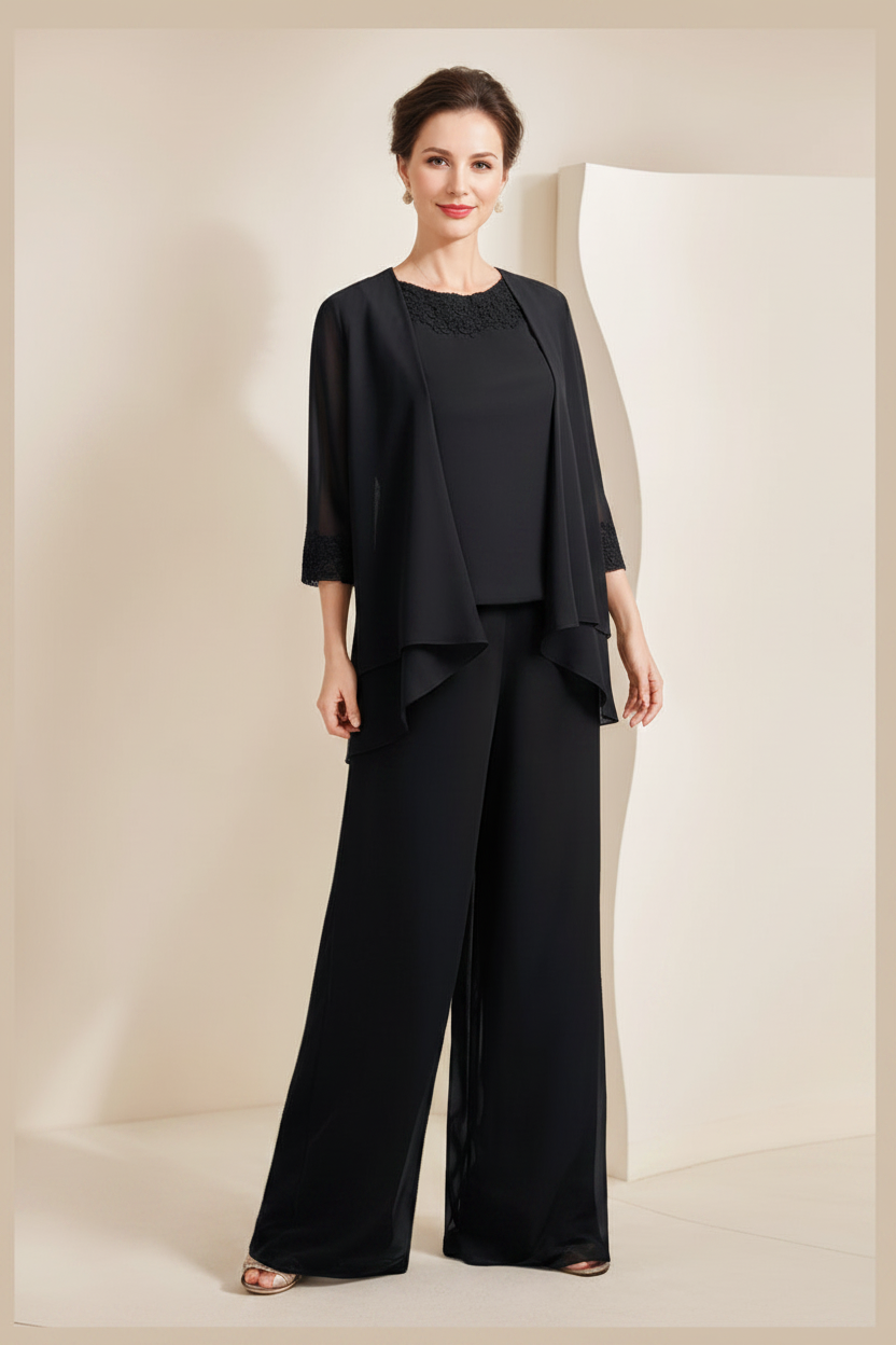 Black Chiffon Scoop 3/4 Sleeves Mother of the Bride Pantsuits with Appliques & Jacket