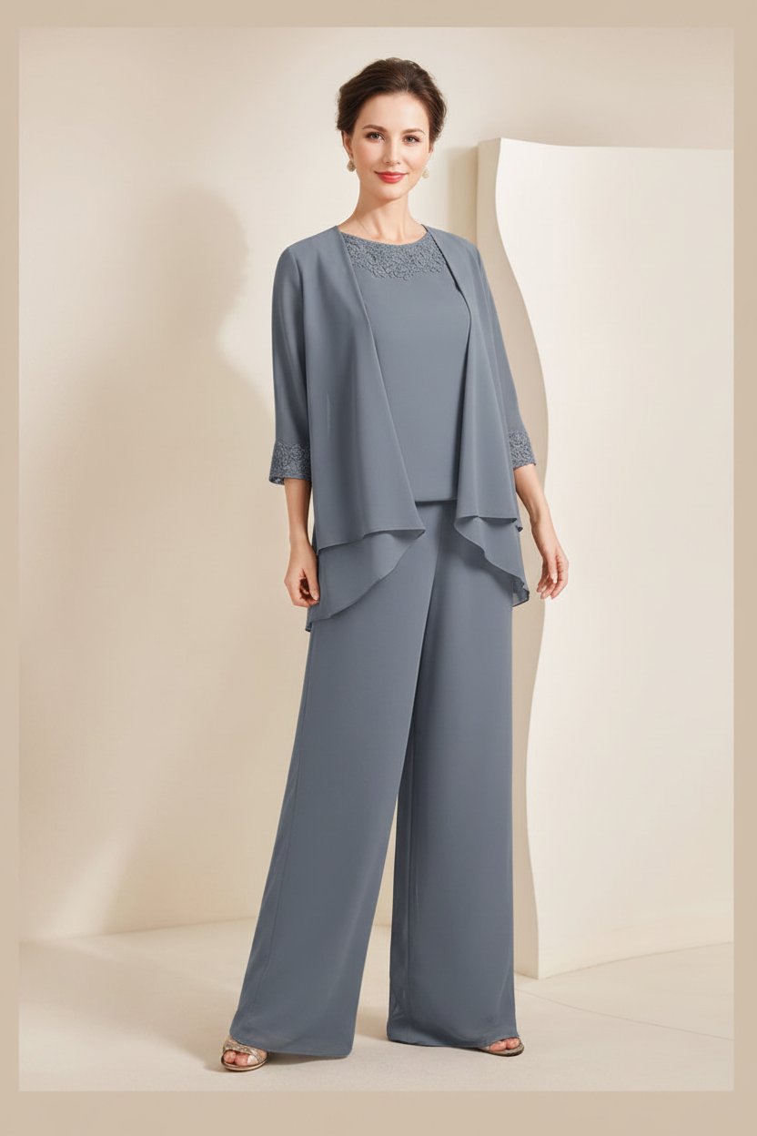 Black Chiffon Scoop 3/4 Sleeves Mother of the Bride Pantsuits with Appliques & Jacket