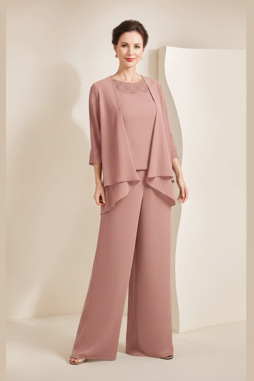 Black Chiffon Scoop 3/4 Sleeves Mother of the Bride Pantsuits with Appliques & Jacket
