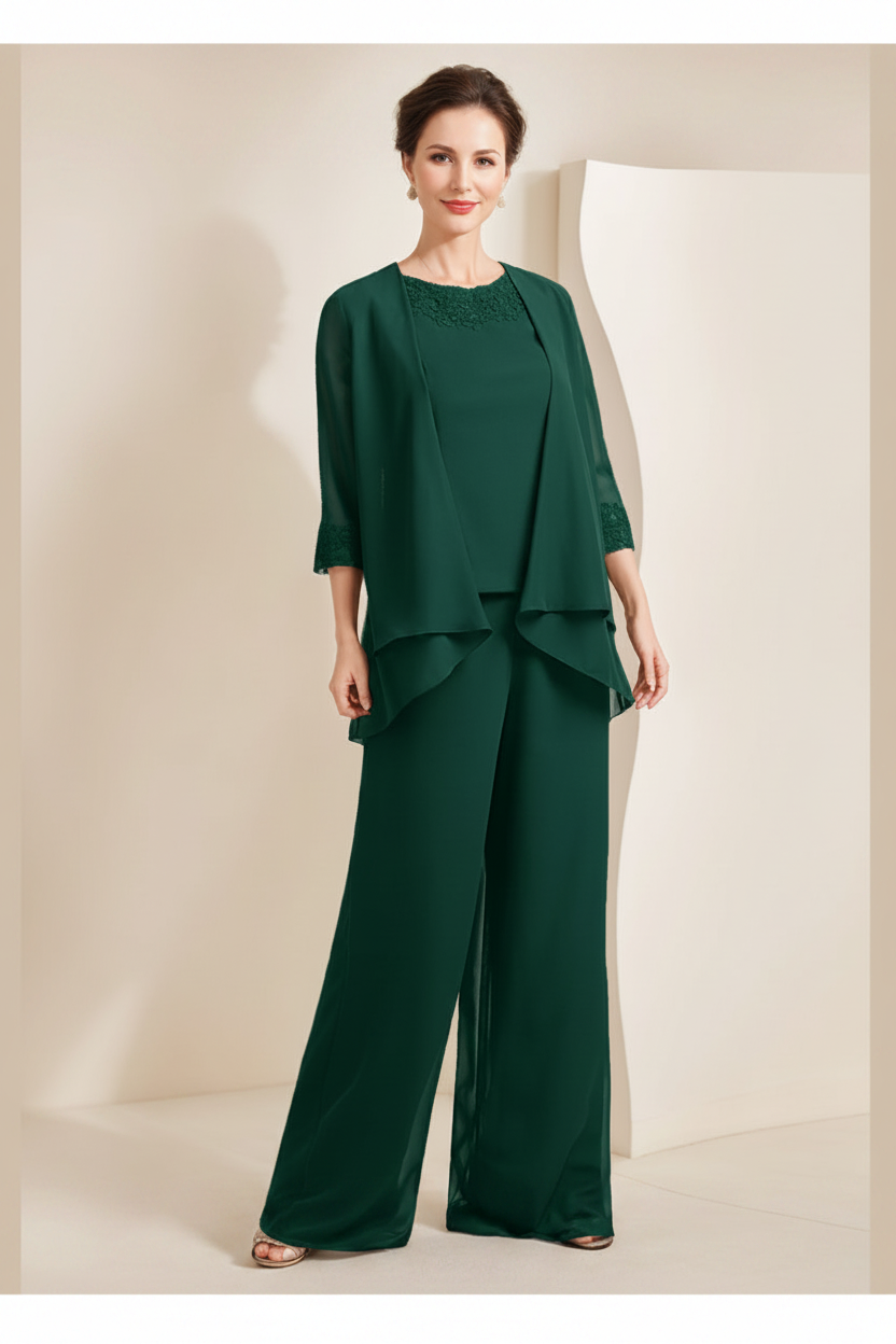 Black Chiffon Scoop 3/4 Sleeves Mother of the Bride Pantsuits with Appliques & Jacket