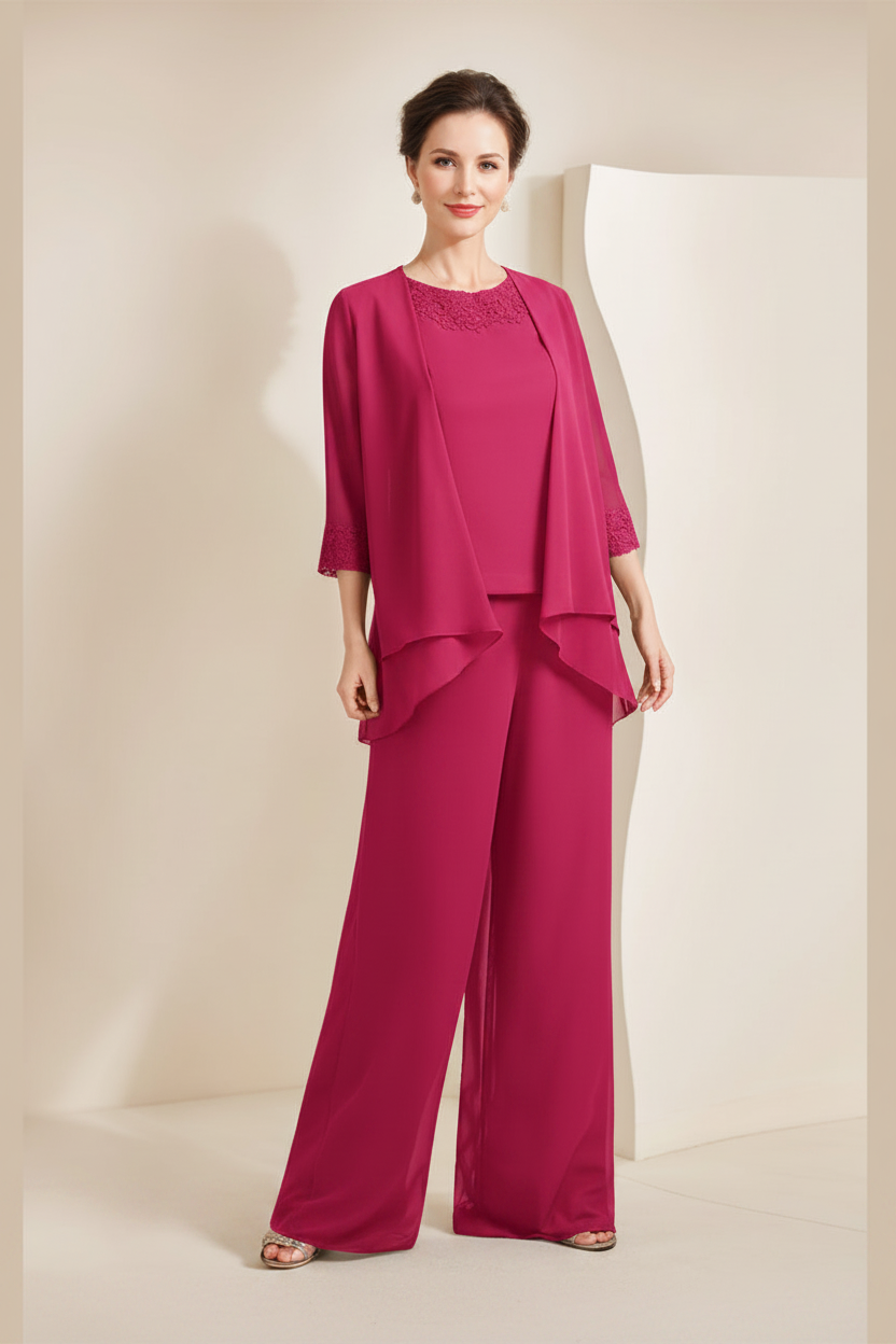 Black Chiffon Scoop 3/4 Sleeves Mother of the Bride Pantsuits with Appliques & Jacket