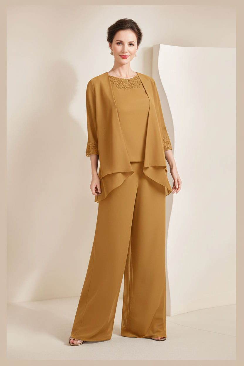 Black Chiffon Scoop 3/4 Sleeves Mother of the Bride Pantsuits with Appliques & Jacket