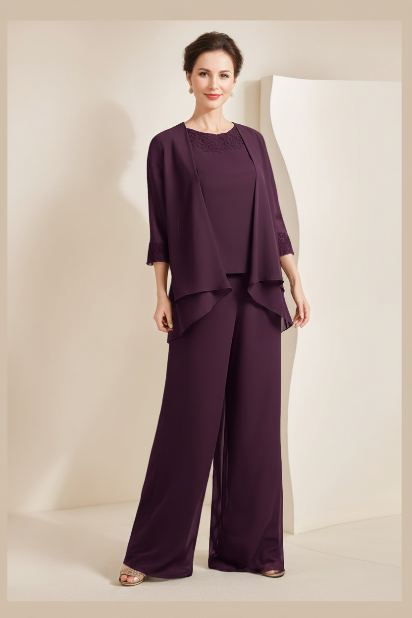 Black Chiffon Scoop 3/4 Sleeves Mother of the Bride Pantsuits with Appliques & Jacket