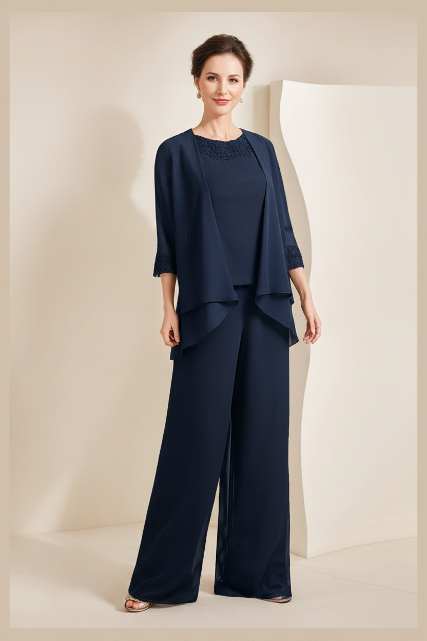 Black Chiffon Scoop 3/4 Sleeves Mother of the Bride Pantsuits with Appliques & Jacket