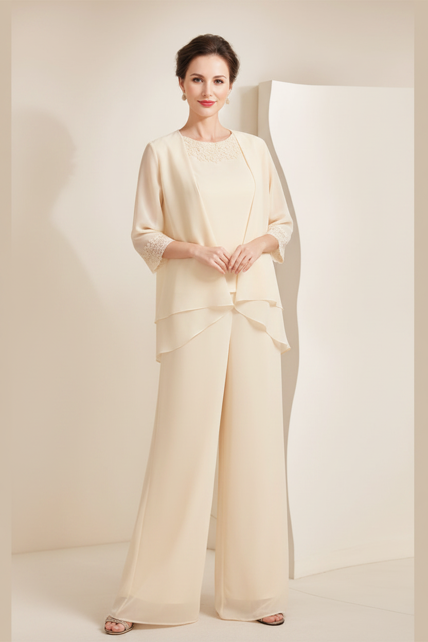 Black Chiffon Scoop 3/4 Sleeves Mother of the Bride Pantsuits with Appliques & Jacket
