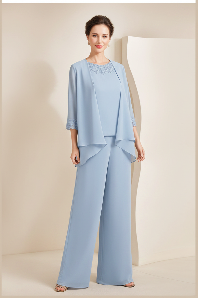 Black Chiffon Scoop 3/4 Sleeves Mother of the Bride Pantsuits with Appliques & Jacket