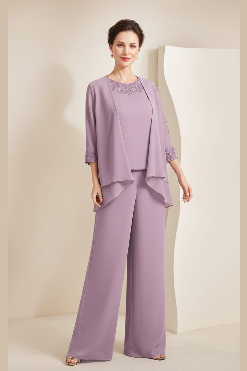 Black Chiffon Scoop 3/4 Sleeves Mother of the Bride Pantsuits with Appliques & Jacket