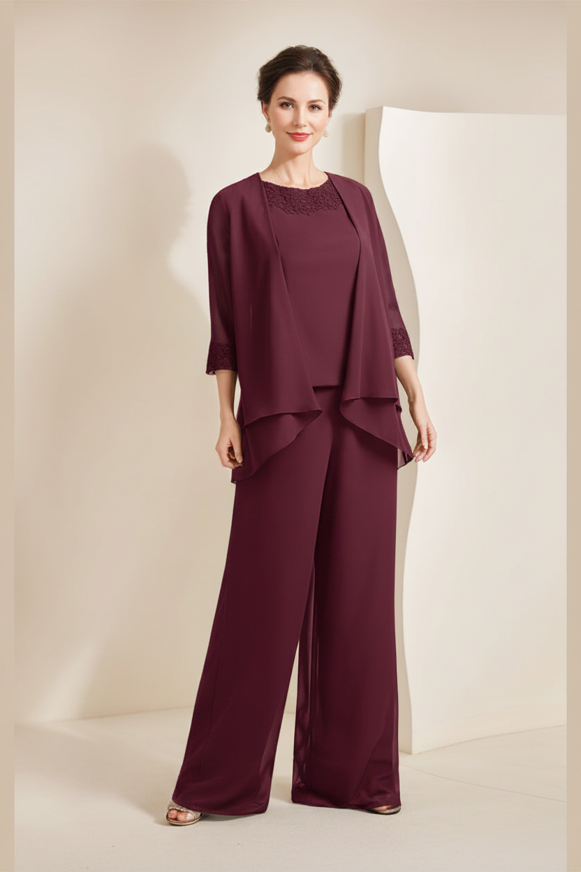 Black Chiffon Scoop 3/4 Sleeves Mother of the Bride Pantsuits with Appliques & Jacket