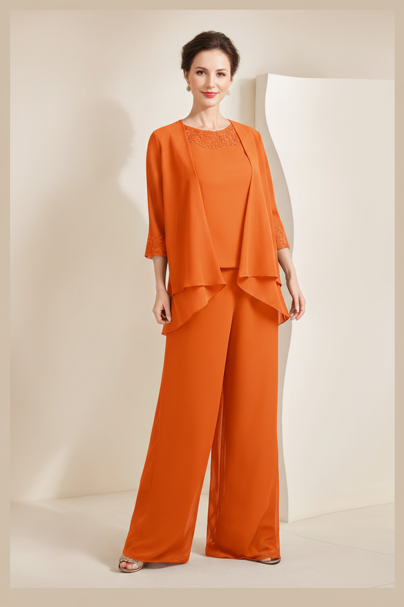 Black Chiffon Scoop 3/4 Sleeves Mother of the Bride Pantsuits with Appliques & Jacket