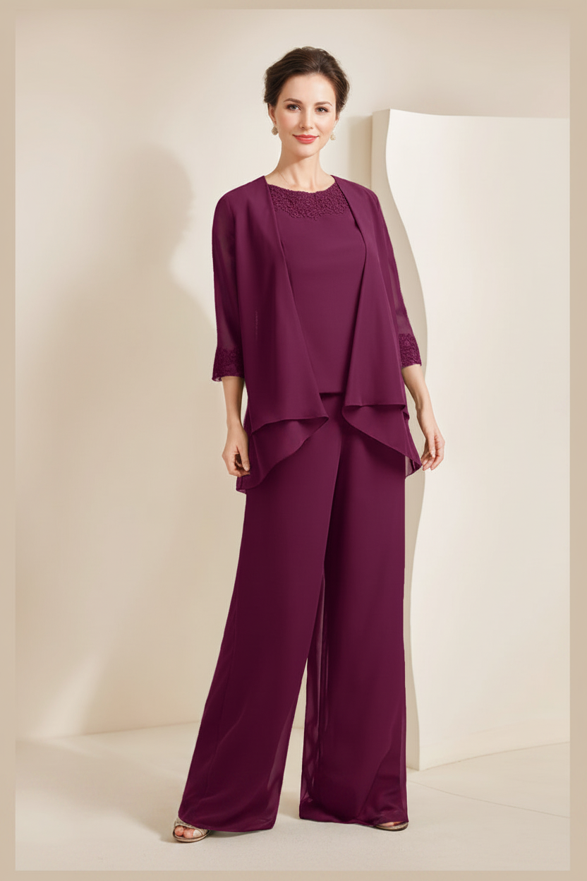 Black Chiffon Scoop 3/4 Sleeves Mother of the Bride Pantsuits with Appliques & Jacket
