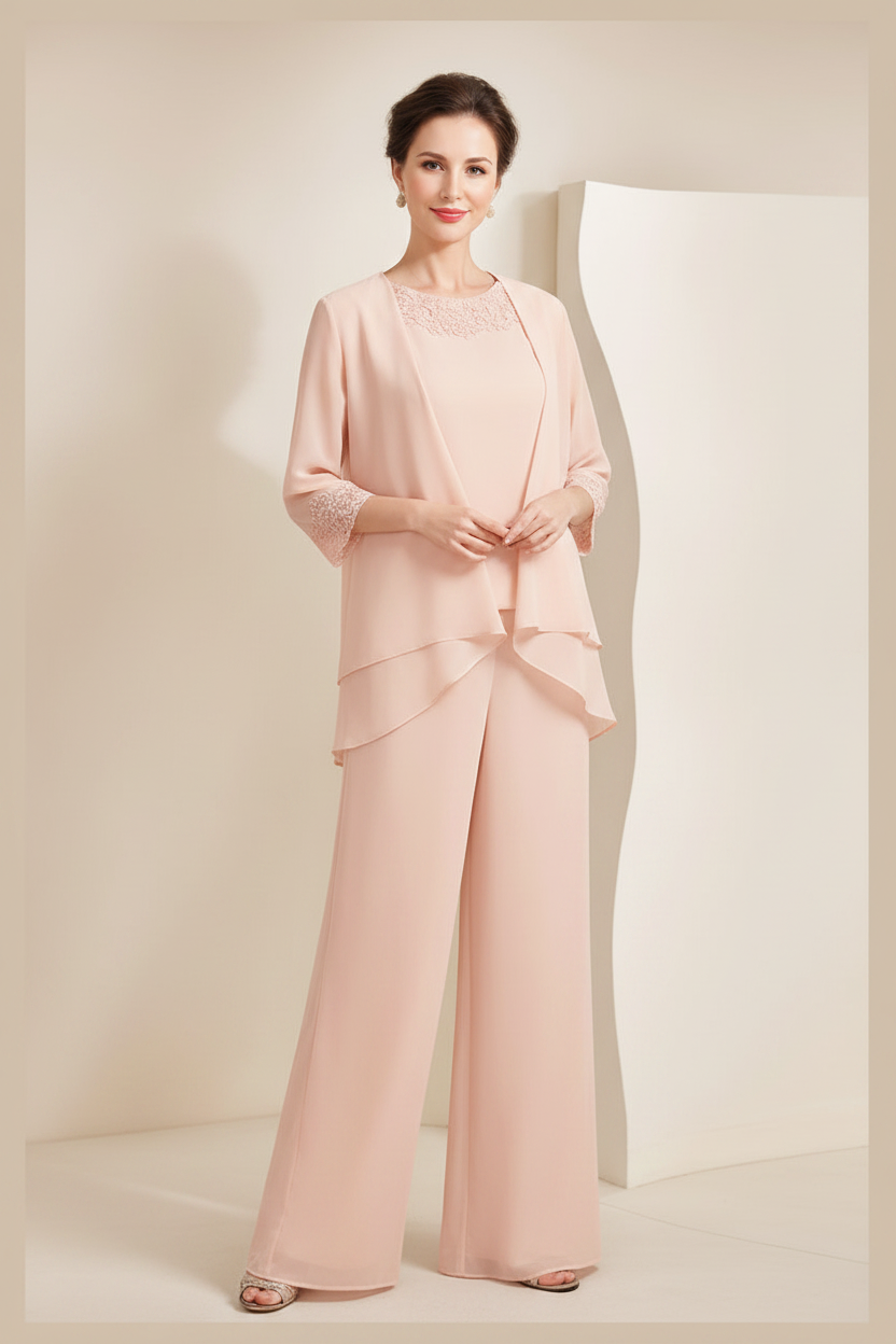 Black Chiffon Scoop 3/4 Sleeves Mother of the Bride Pantsuits with Appliques & Jacket
