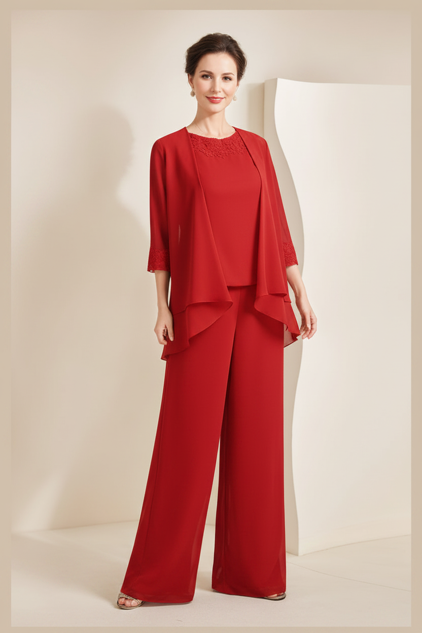 Black Chiffon Scoop 3/4 Sleeves Mother of the Bride Pantsuits with Appliques & Jacket