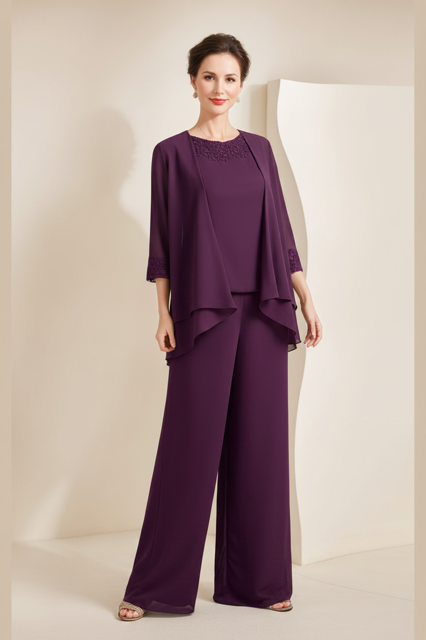 Black Chiffon Scoop 3/4 Sleeves Mother of the Bride Pantsuits with Appliques & Jacket