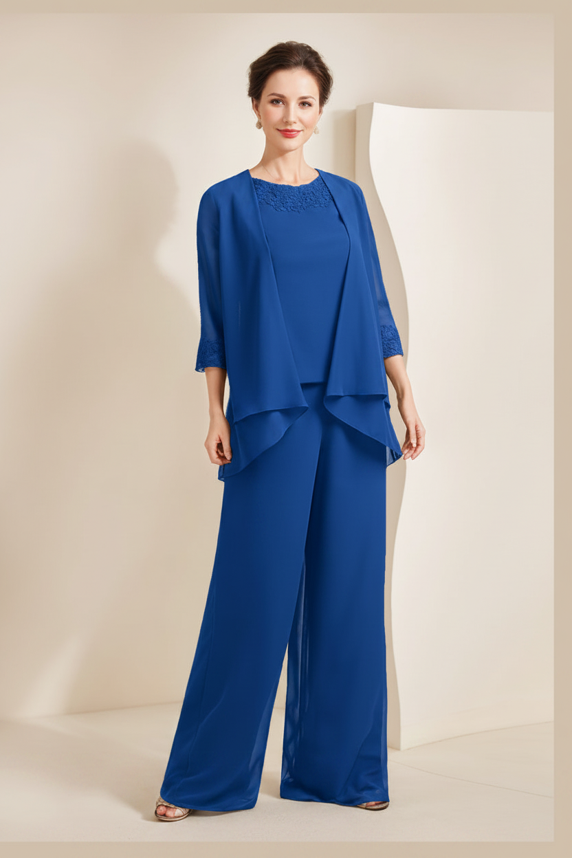 Black Chiffon Scoop 3/4 Sleeves Mother of the Bride Pantsuits with Appliques & Jacket
