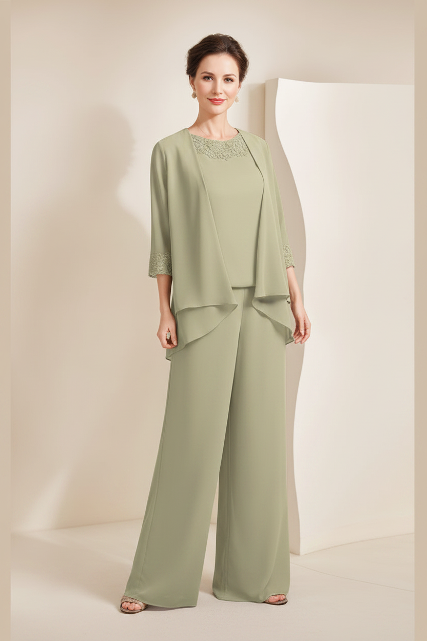 Black Chiffon Scoop 3/4 Sleeves Mother of the Bride Pantsuits with Appliques & Jacket