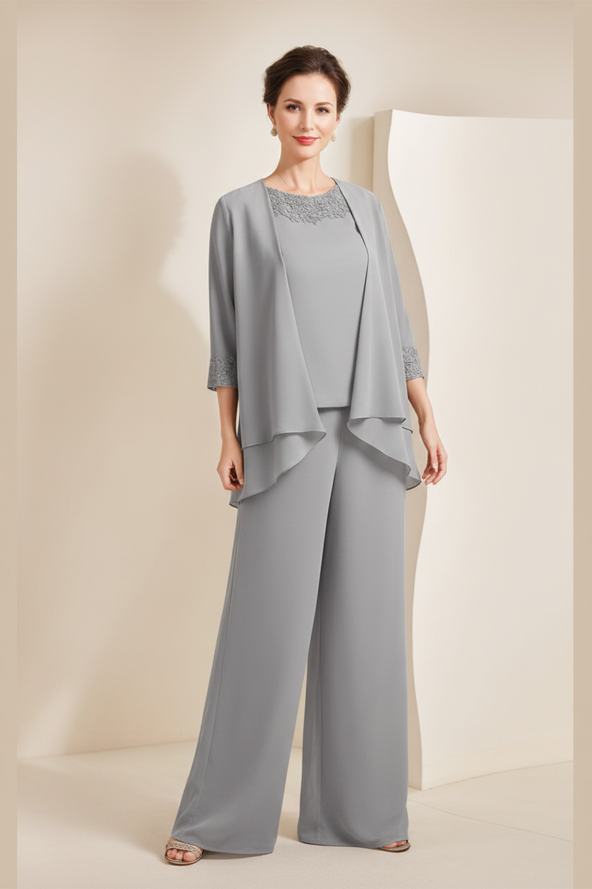Black Chiffon Scoop 3/4 Sleeves Mother of the Bride Pantsuits with Appliques & Jacket