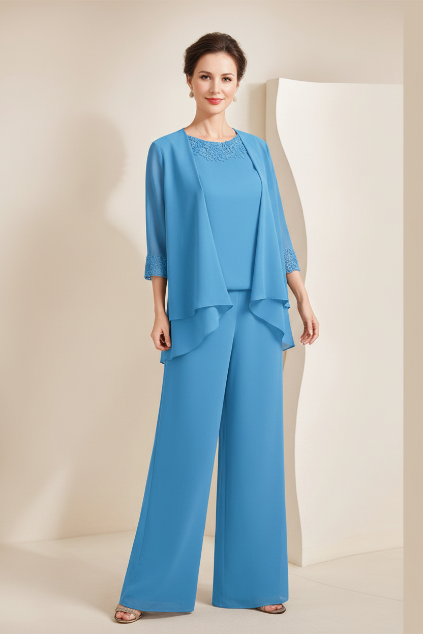 Black Chiffon Scoop 3/4 Sleeves Mother of the Bride Pantsuits with Appliques & Jacket