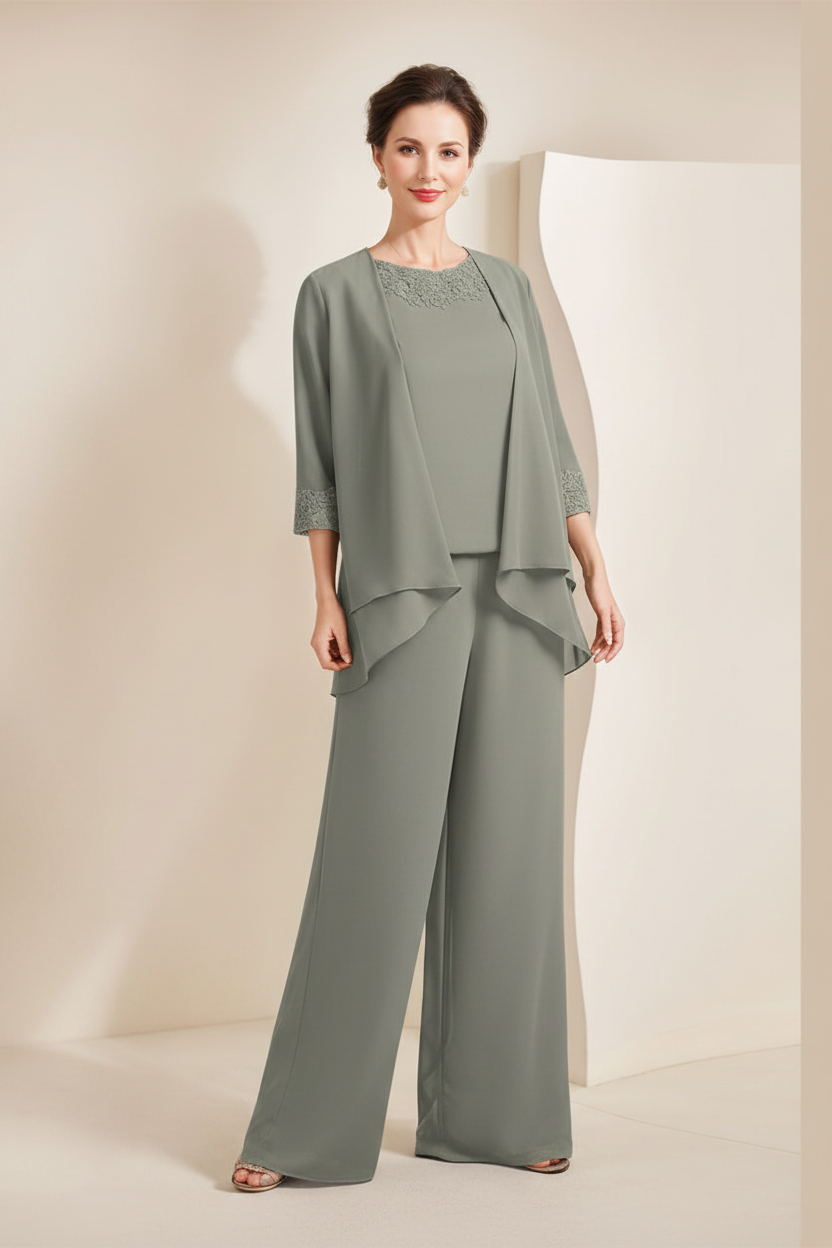 Black Chiffon Scoop 3/4 Sleeves Mother of the Bride Pantsuits with Appliques & Jacket