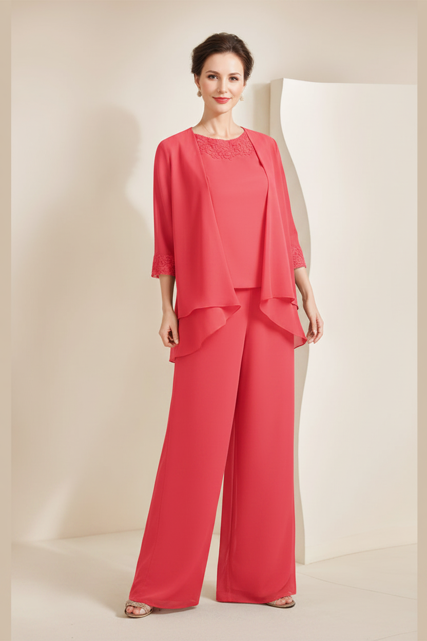 Black Chiffon Scoop 3/4 Sleeves Mother of the Bride Pantsuits with Appliques & Jacket