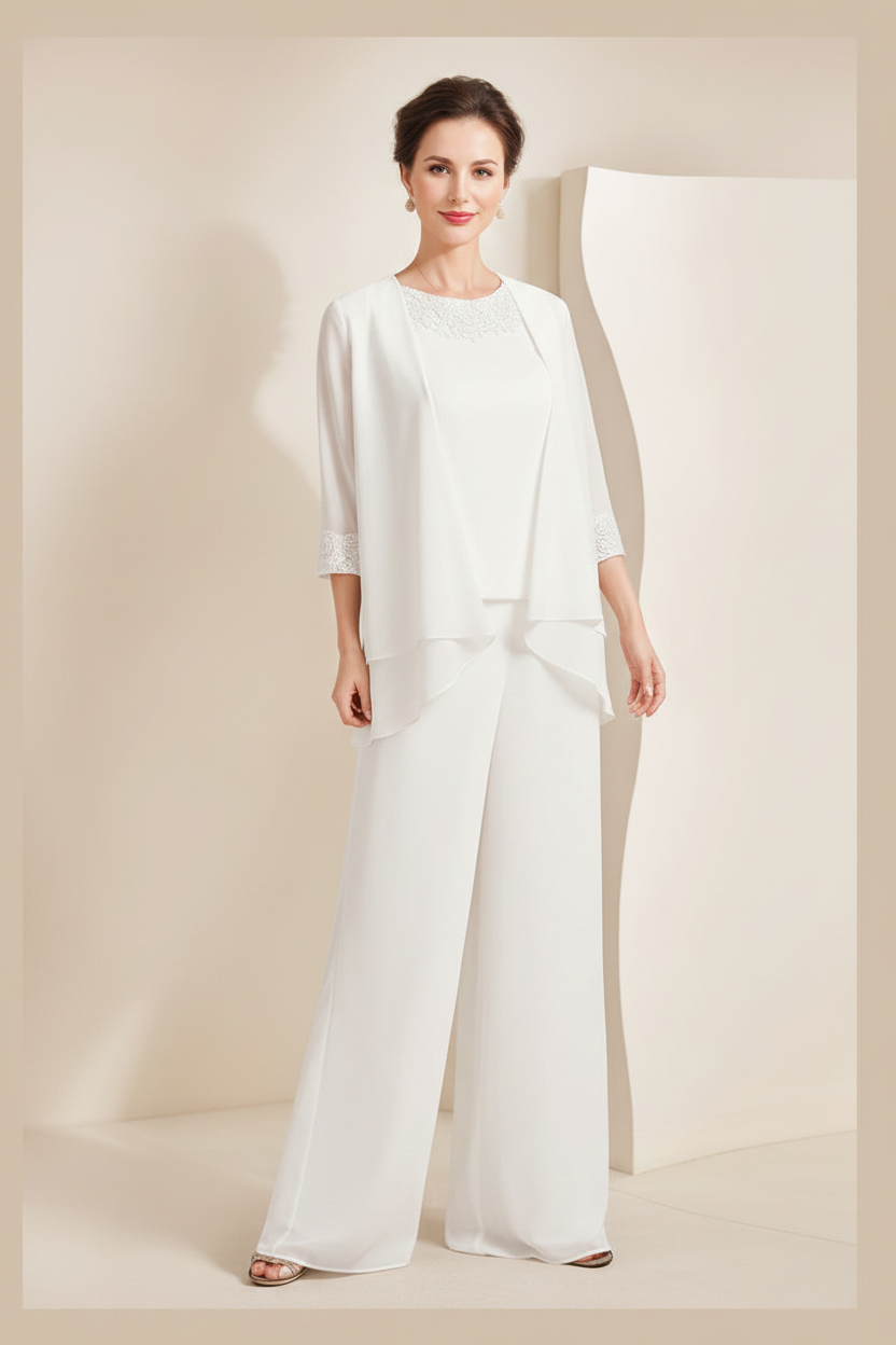 Black Chiffon Scoop 3/4 Sleeves Mother of the Bride Pantsuits with Appliques & Jacket