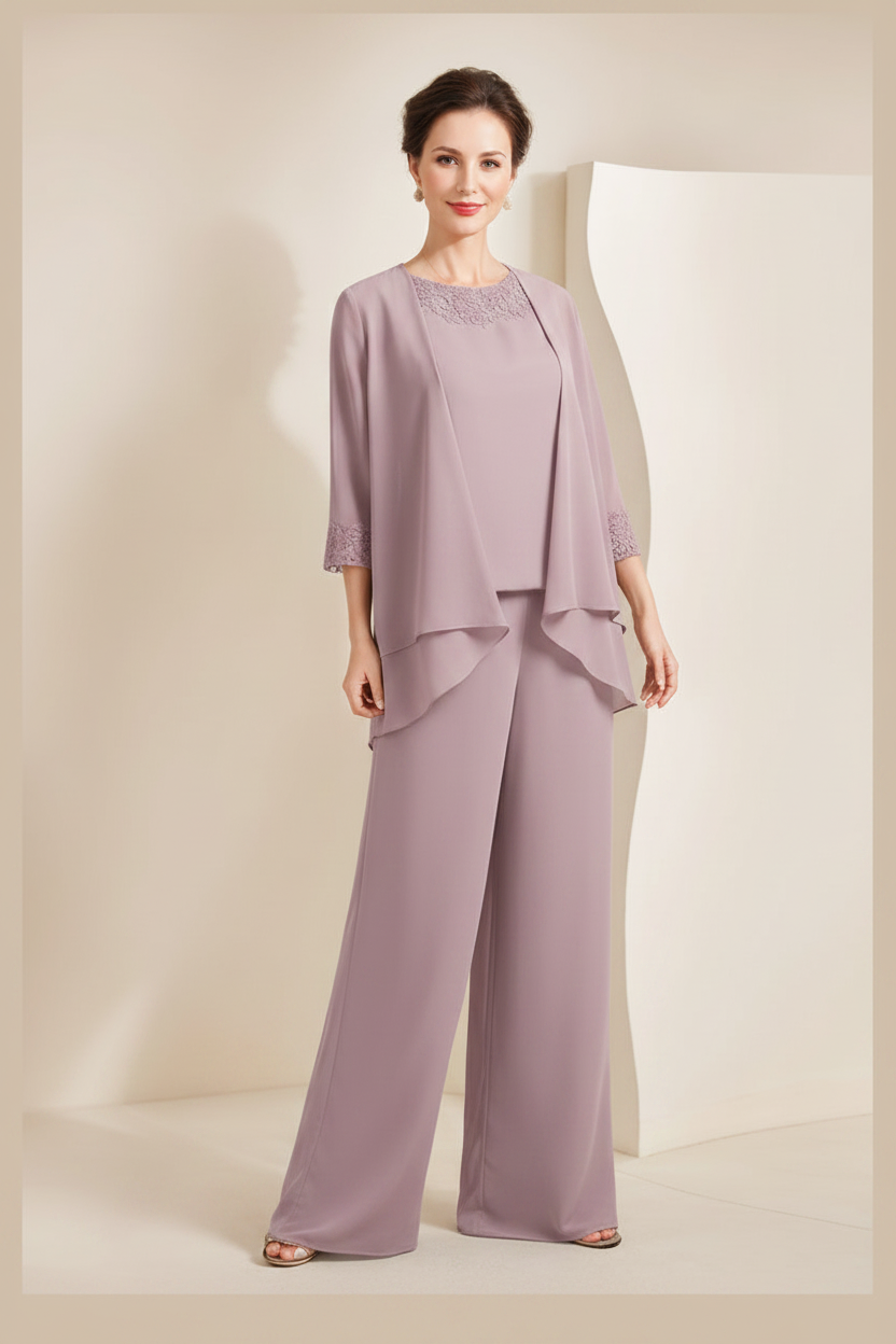 Black Chiffon Scoop 3/4 Sleeves Mother of the Bride Pantsuits with Appliques & Jacket