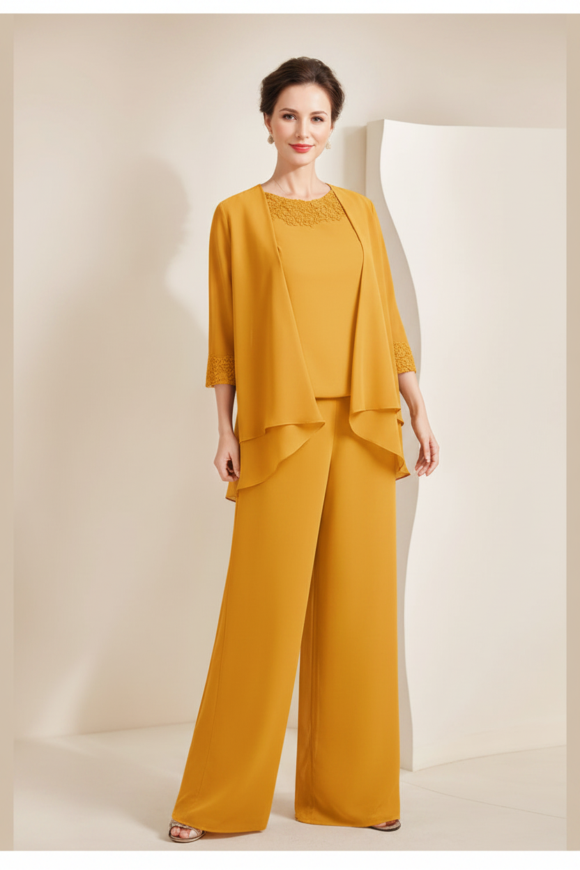 Black Chiffon Scoop 3/4 Sleeves Mother of the Bride Pantsuits with Appliques & Jacket