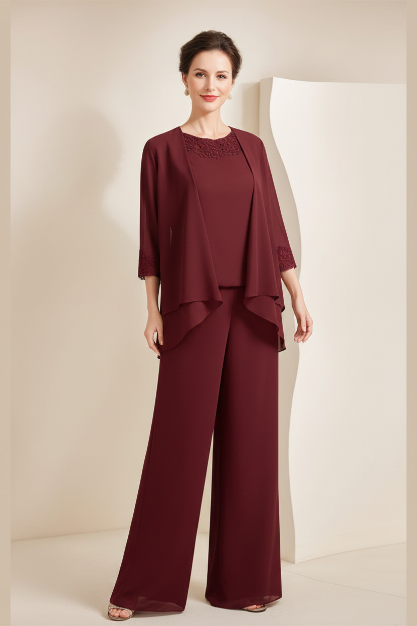 Black Chiffon Scoop 3/4 Sleeves Mother of the Bride Pantsuits with Appliques & Jacket
