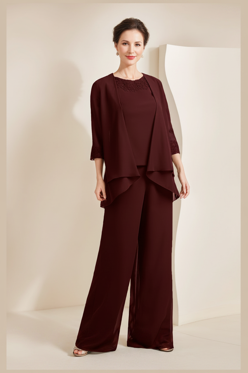 Black Chiffon Scoop 3/4 Sleeves Mother of the Bride Pantsuits with Appliques & Jacket