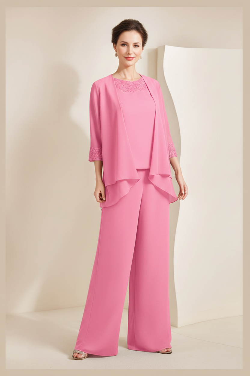 Black Chiffon Scoop 3/4 Sleeves Mother of the Bride Pantsuits with Appliques & Jacket