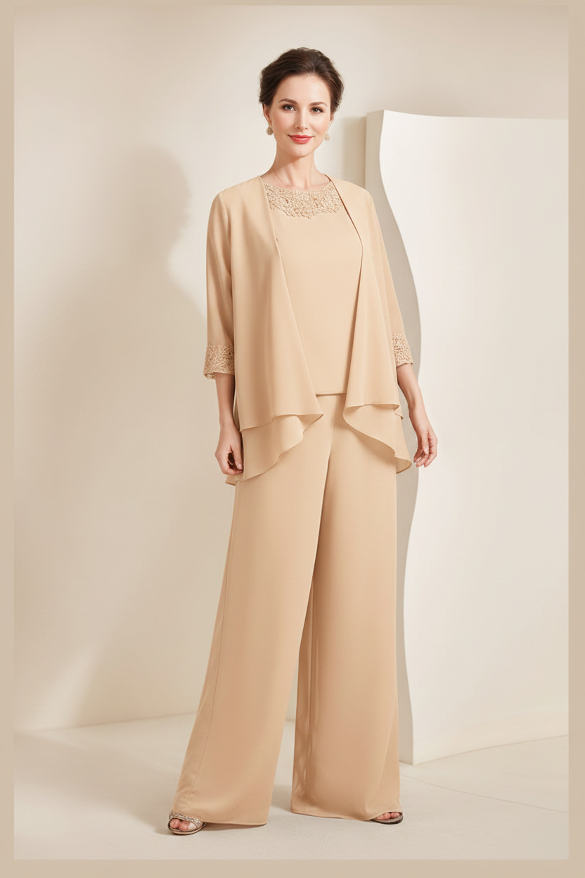 Black Chiffon Scoop 3/4 Sleeves Mother of the Bride Pantsuits with Appliques & Jacket