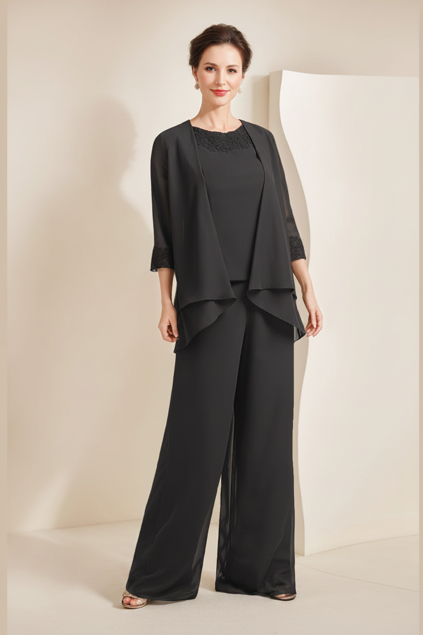 Black Chiffon Scoop 3/4 Sleeves Mother of the Bride Pantsuits with Appliques & Jacket