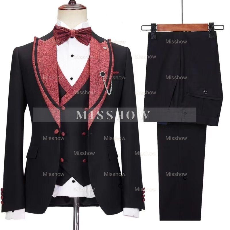 Black Close-Fitting Peak Lapel Three-Piece Wedding Suit