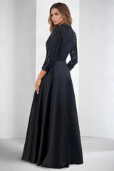 Black Contrast Satin V-Neck 3/4 Sleeve Sequined A-Line Floor Length Formal Evening Gown