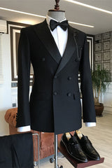 Black Double-Breasted Peaked Lapel Slim Fit Men's Suit