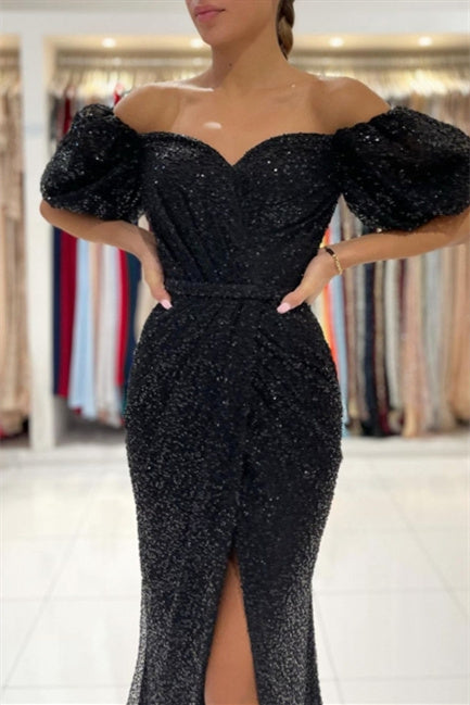 Black Evening Dresses in Long Glitter | Prom Evening Dresses with sleeves