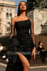Black Formal Dress Long Sleeves Tulle One Shoulder With Pleated Split