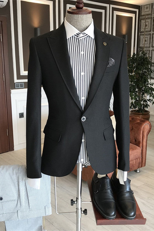 Black Formal Peaked Lapel Business Suit for Men