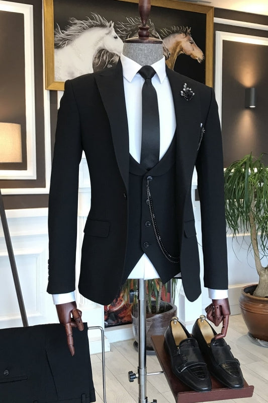 Black Formal Peaked Lapel Three-Piece Business Suit