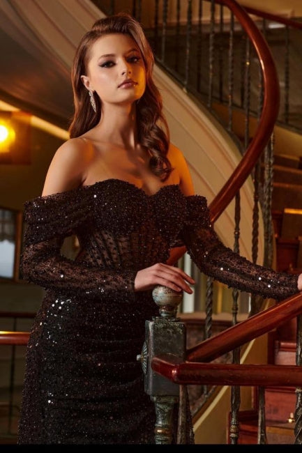 Black Front Split Strapless Unique Prom Evening Dresses with Beadings