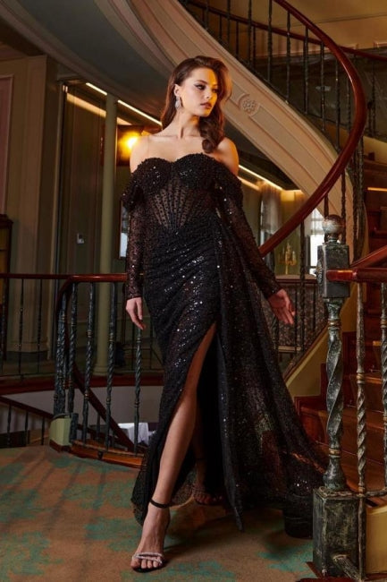 Black Front Split Strapless Unique Prom Evening Dresses with Beadings