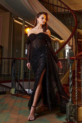 Black Front Split Strapless Unique Prom Evening Dresses with Beadings