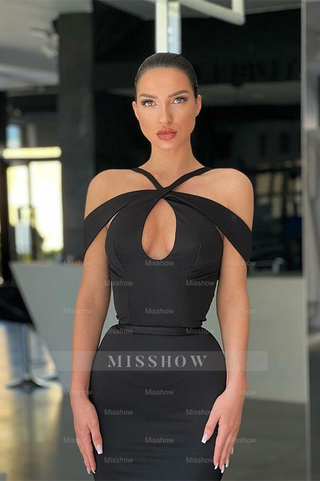 Black Halter Off the Shoulder Mermaid Formal Dress With Pleated